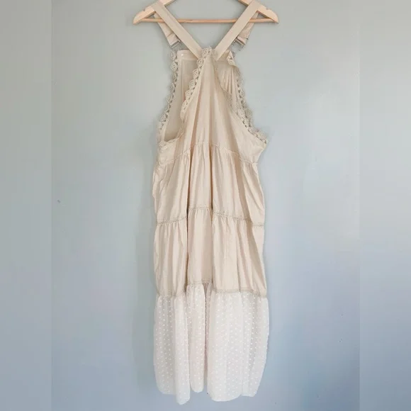 Prairie Cottagecore Tiered Overall Dress Beige Lace Trim Adjustable Straps M/L - Picture 7 of 8